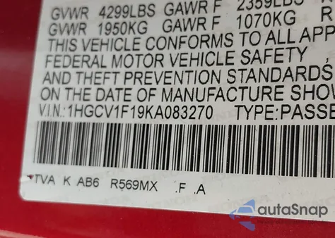 2019 Honda Accord Lx from USA, damaged, VIN 1HGCV1F19KA083270